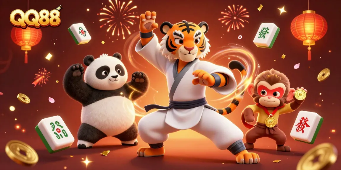Engage with QQ88 as a kung fu master and students celebrate luck with festive gambling elements.