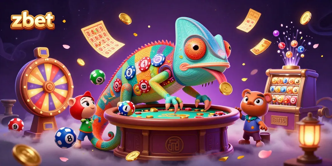 Engage with zbet's vibrant casino world featuring colorful lottery elements and a chameleon casino owner.