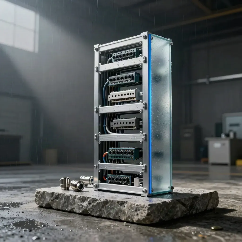 Monumental aluminum routing frames and a frosted glass monolith in a misty loading bay
