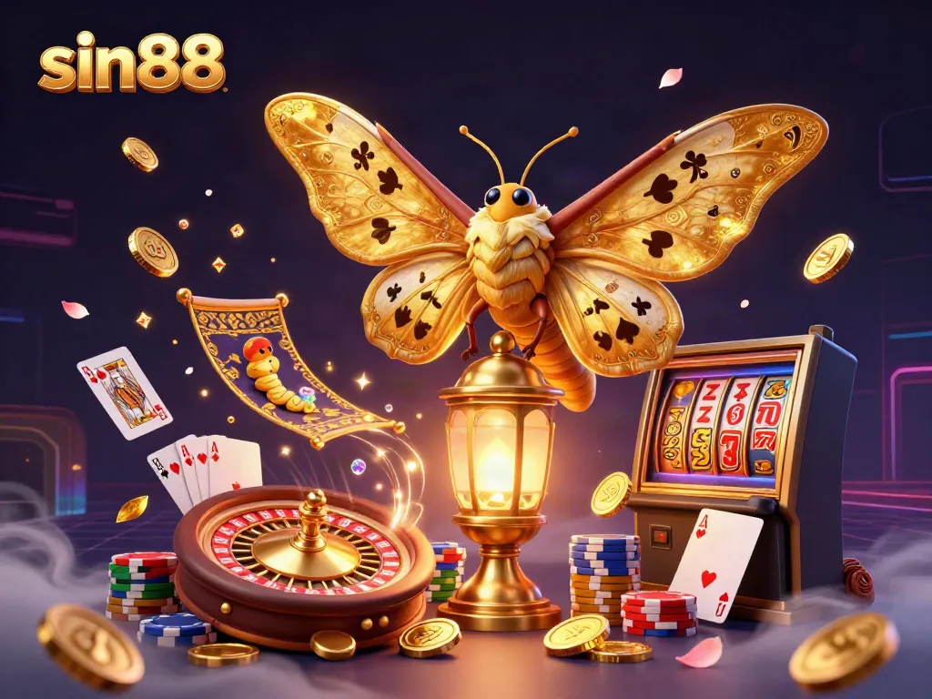 Experience thrilling gameplay with sin88, featuring a vibrant 3D scene of a magical atlas moth and casino elements.