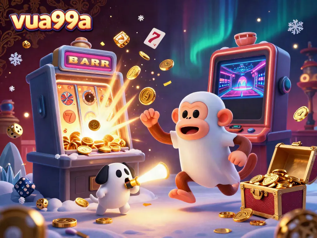 Experience the animated excitement of vua99a with playful characters in a golden casino explosion.