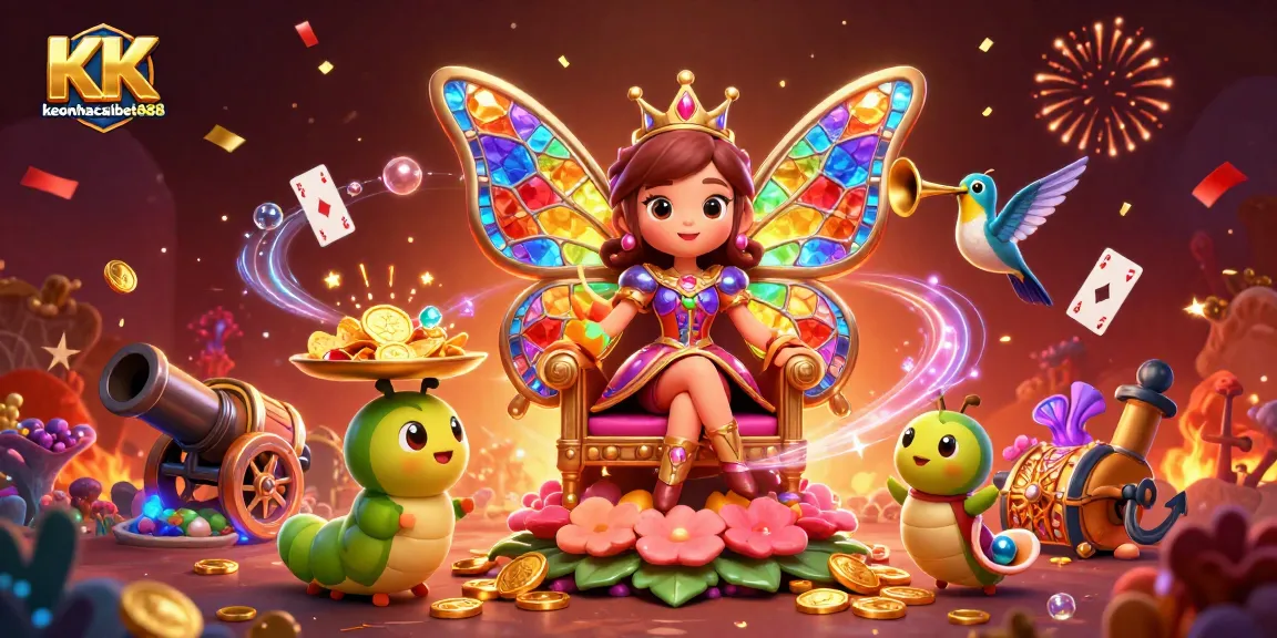 Experience the vibrant world of keonhacaibet888 with a butterfly queen and gold coins cascading down.