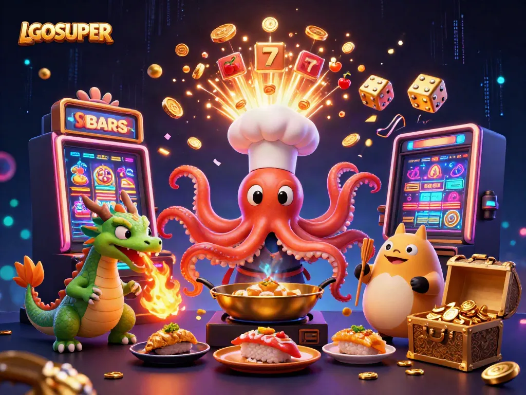 Experience the excitement of LGOSUPER with dynamic characters in a vibrant 3D casino scene featuring slots and colorful symbols.