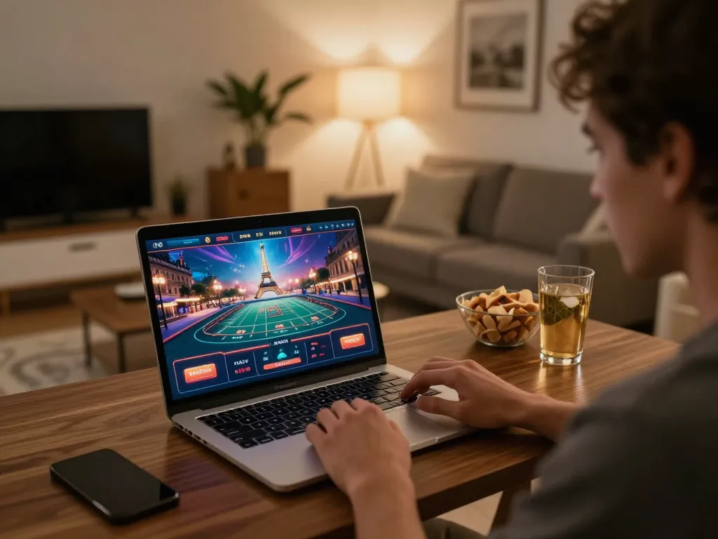 Experience thrilling online gambling in Paris with a vibrant gaming setup and engaging casino interface