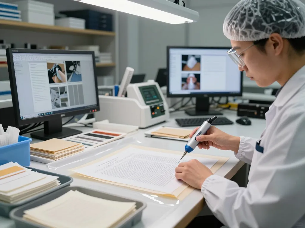 Bóc ép plastic hà nội by a technician in a modern workshop restoring delicate documents with precision.