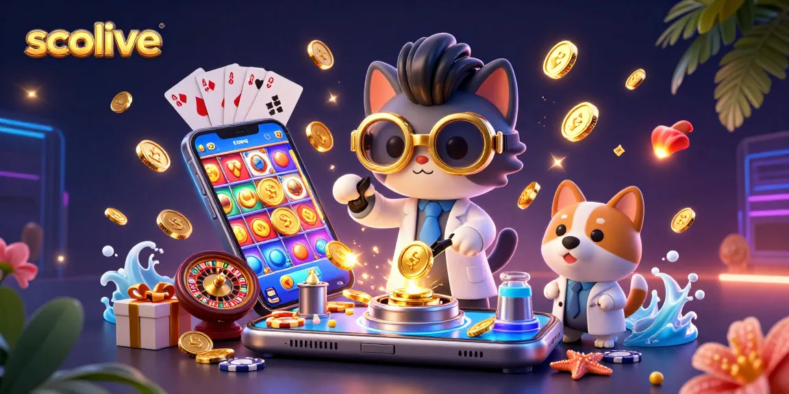 Socolive showcases a whimsical scene with a mad scientist cat and dog amidst vibrant gambling elements, enhancing the fun of online gaming.