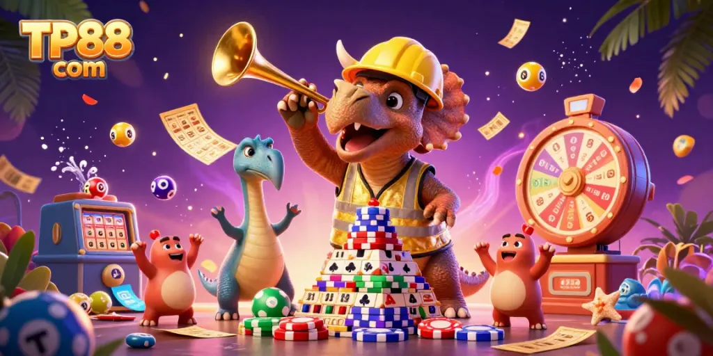 Exciting scene showcasing TP88 com with animals celebrating casino games and vibrant lottery elements.