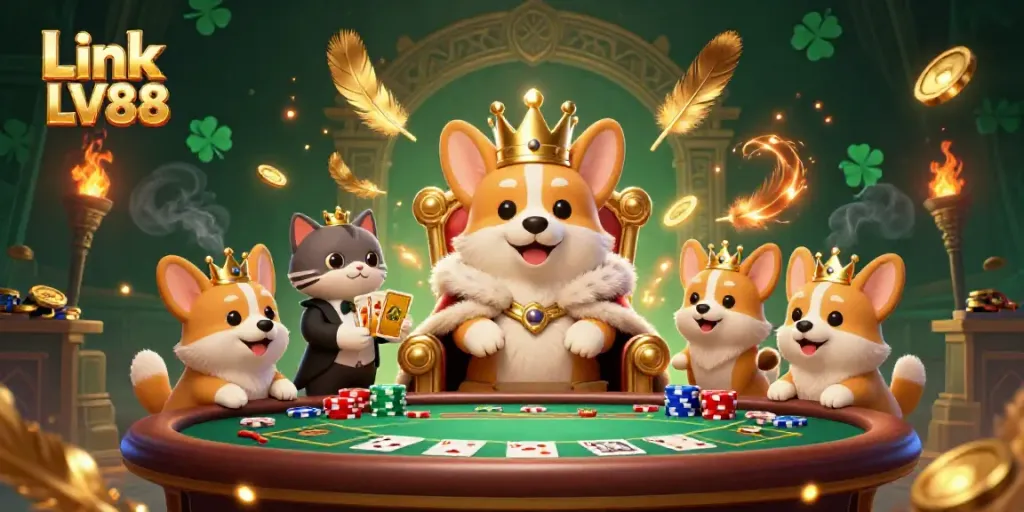 Engage in thrilling games at Link LV88 featuring vibrant scenes with royal figures and enchanting casino elements.