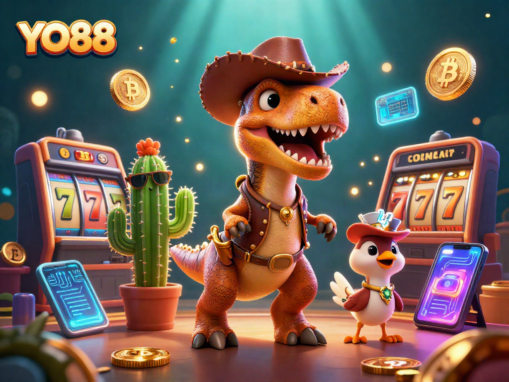 Engage with YO88's thrilling slot games featuring a dynamic 3D T-Rex, cactus, and roadrunner in a vibrant casino