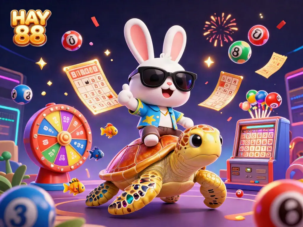HAY 88's vibrant winning scene with a lucky rabbit and golden turtle amidst lottery excitement.