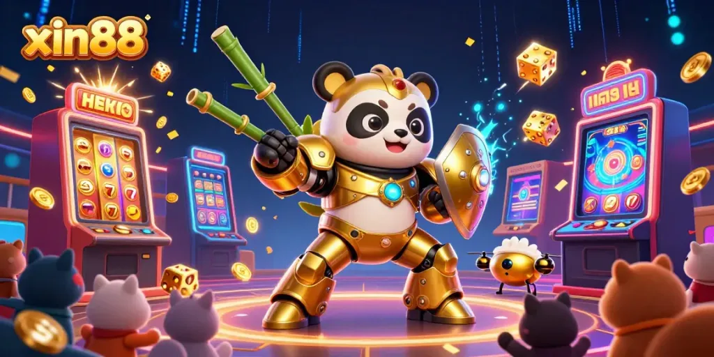 XIN88 gaming illustration featuring animated panda fighting robot in a lively casino arena.