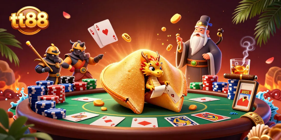 Engage with tt88's dynamic casino scene featuring a golden fortune cookie, wise dragon, and poker action.