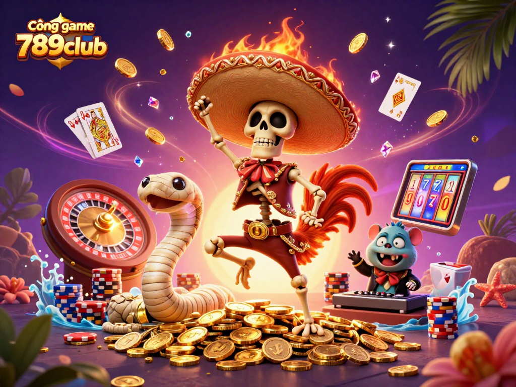 Experience excitement at Cổng game 789club with a lively scene featuring cartoon characters celebrating with casino elements.
