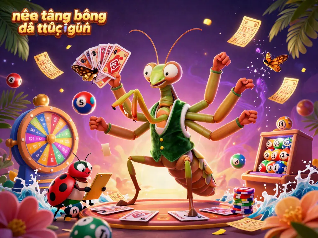 Immersive scene featuring nền tảng bóng đá trực tuyến with a giant mantis card sharp, ladybug pit boss, and dynamic lottery elements.
