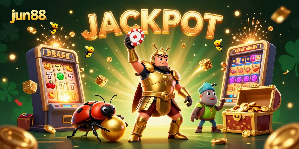 Experience the excitement of jun88 as a heroic beetle celebrates a big jackpot in this vibrant casino scene!