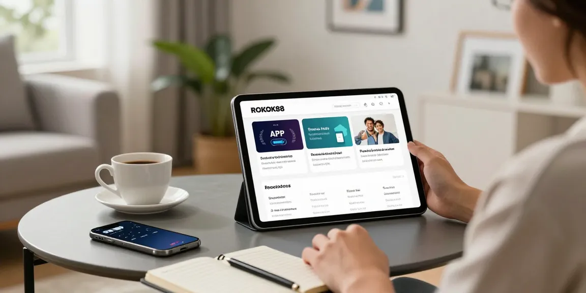 User browsing ROKOK88 platform on a tablet in a cozy living room setup