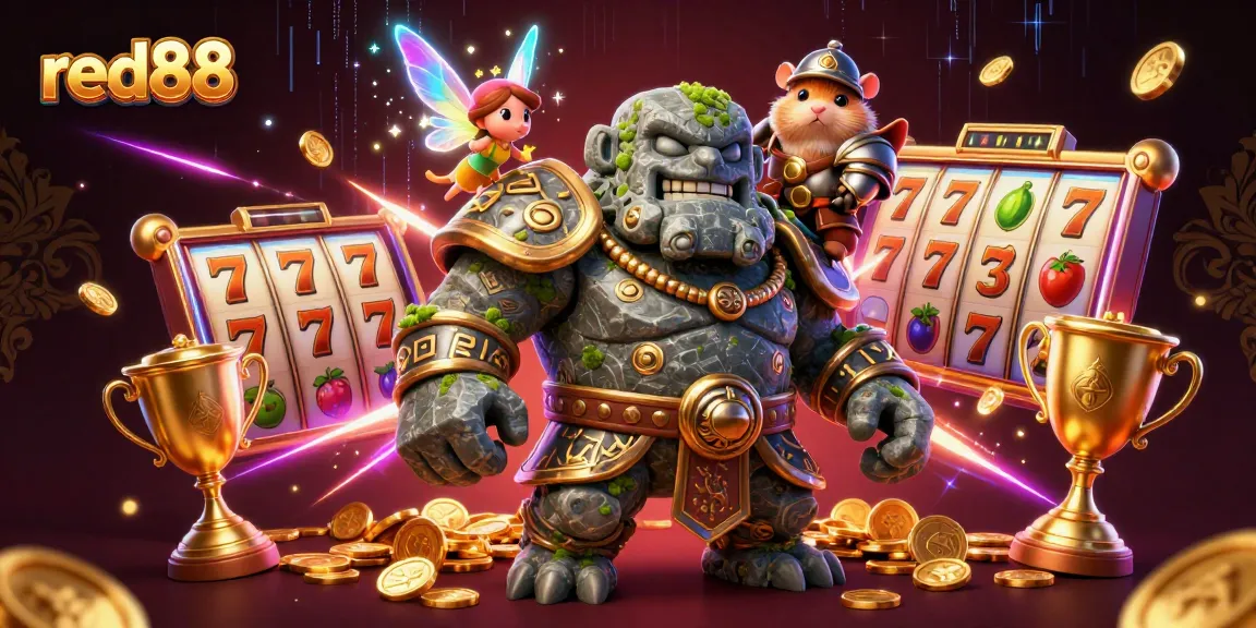 Join red88 in a vibrant casino adventure with dynamic slot reels, gold coins, and characters casting magic.