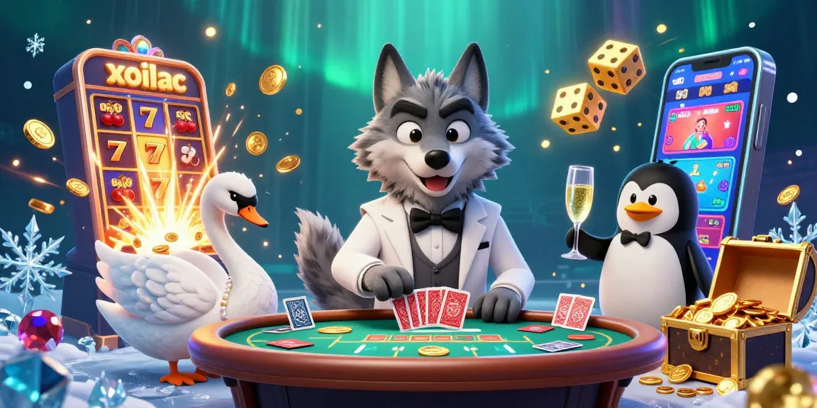 Xoilac offers exciting online gaming with a lively scene of a debonair wolf, an elegant swan, and a slick penguin enjoying the thrill of gambling.