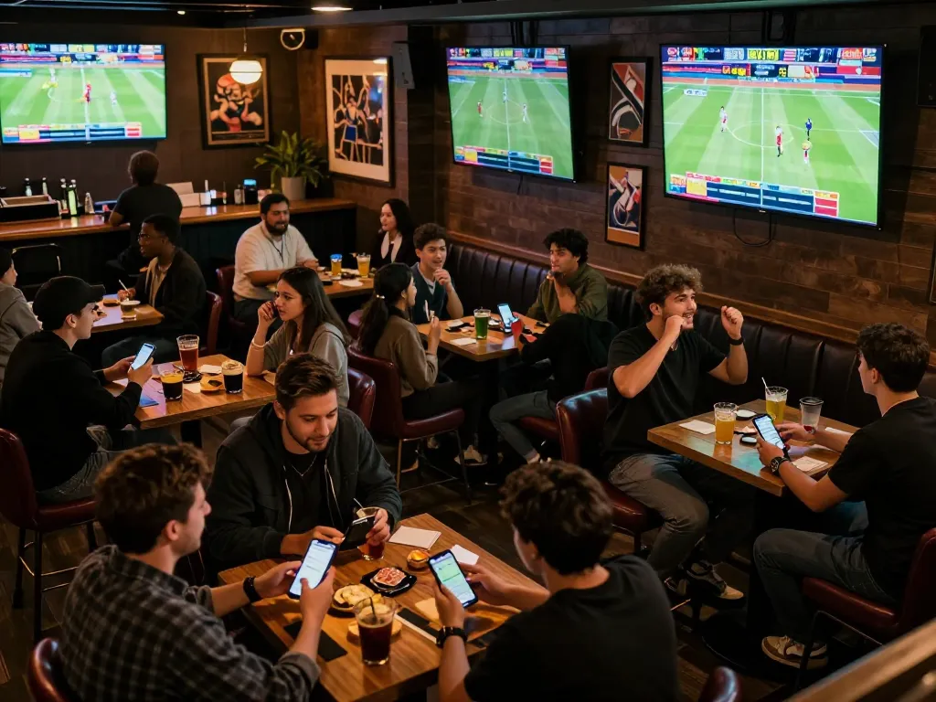 Excited patrons betting on live sports at a vibrant mb66-t venue, with multiple screens showing game action.