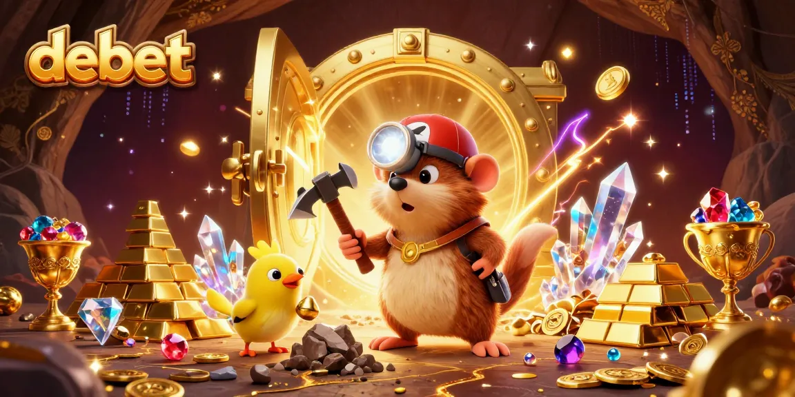 Experience debet's vibrant treasure scene featuring a mole and canary amidst gleaming gems and gold.
