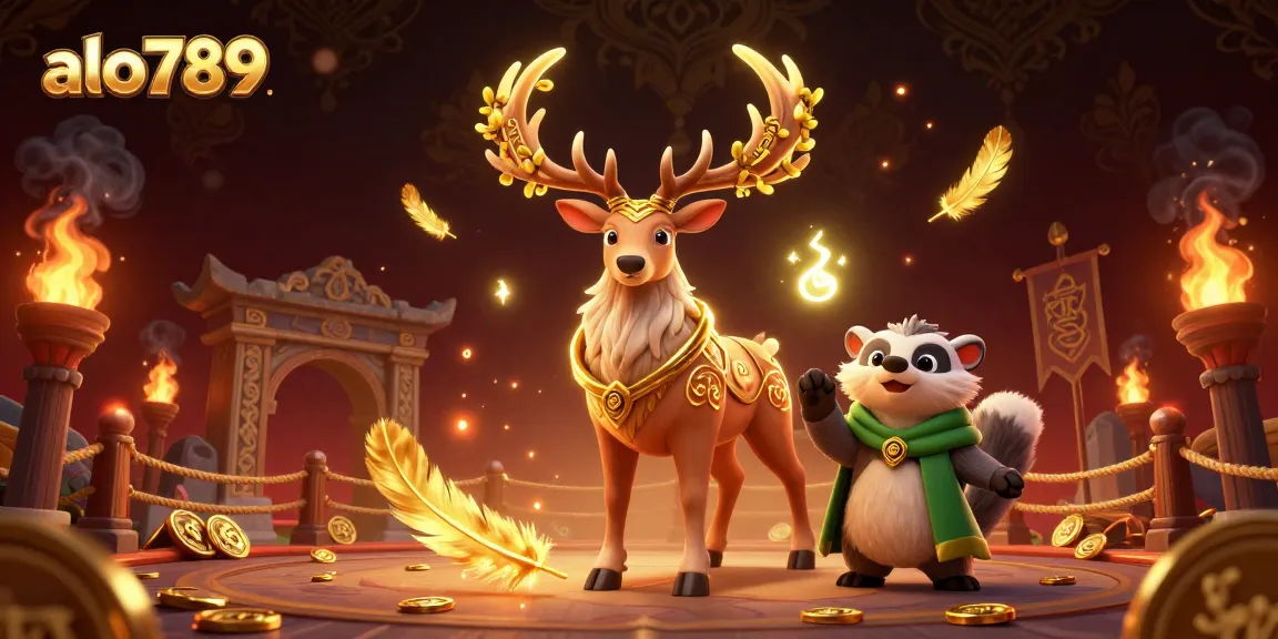 Alo789 offers thrilling experiences with a druid stag, badger, and vibrant casino scene showcasing high stakes.