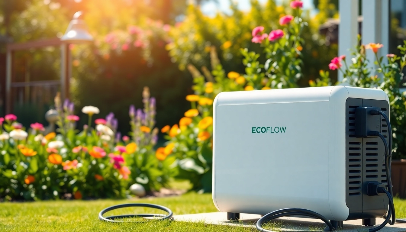 Powering devices with EcoFlow, showcasing its modern design in a serene outdoor setting.