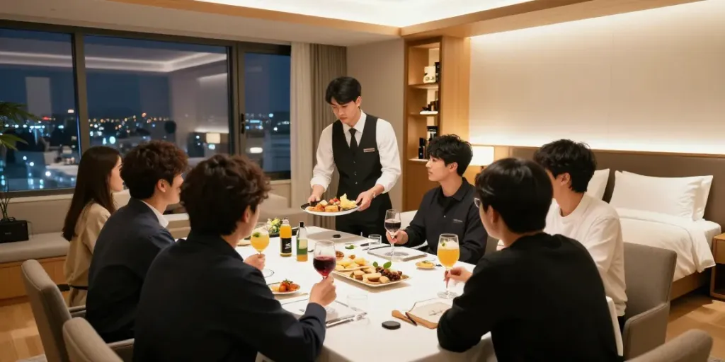 강남구구단에서 프라이빗 룸에서의 저녁 모임, 세련된 테이블 세팅과 함께하는 분위기