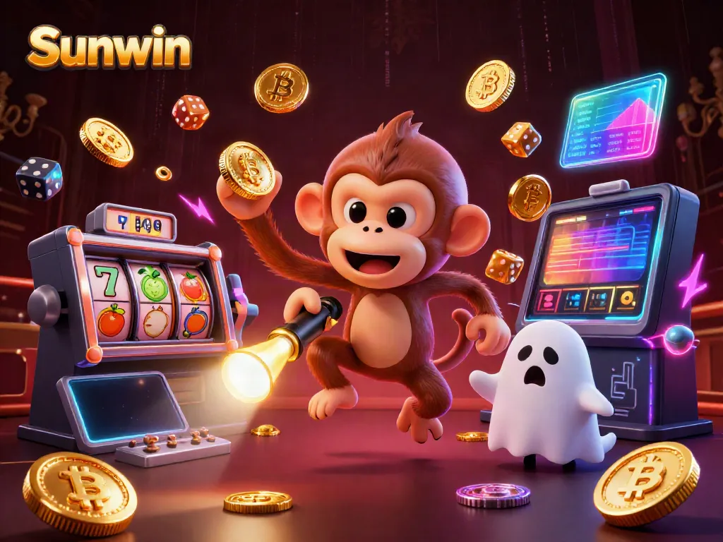 Experience Sunwin's thrilling world with a mischievous ghost monkey and ghost-hunter puppy in a haunted casino.