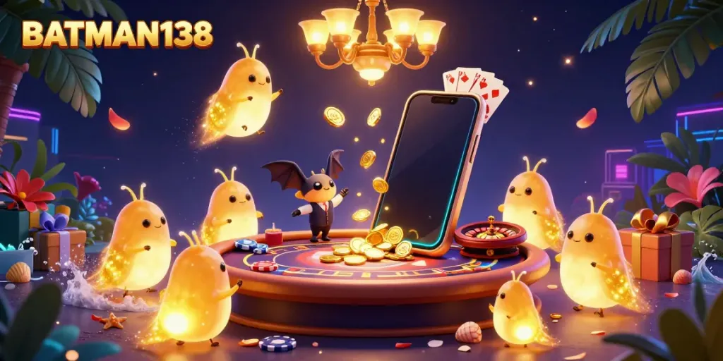Experience BATMAN138 with a lively casino scene featuring glowworms lighting the card table and a bat dealer, surrounded by gaming elements.