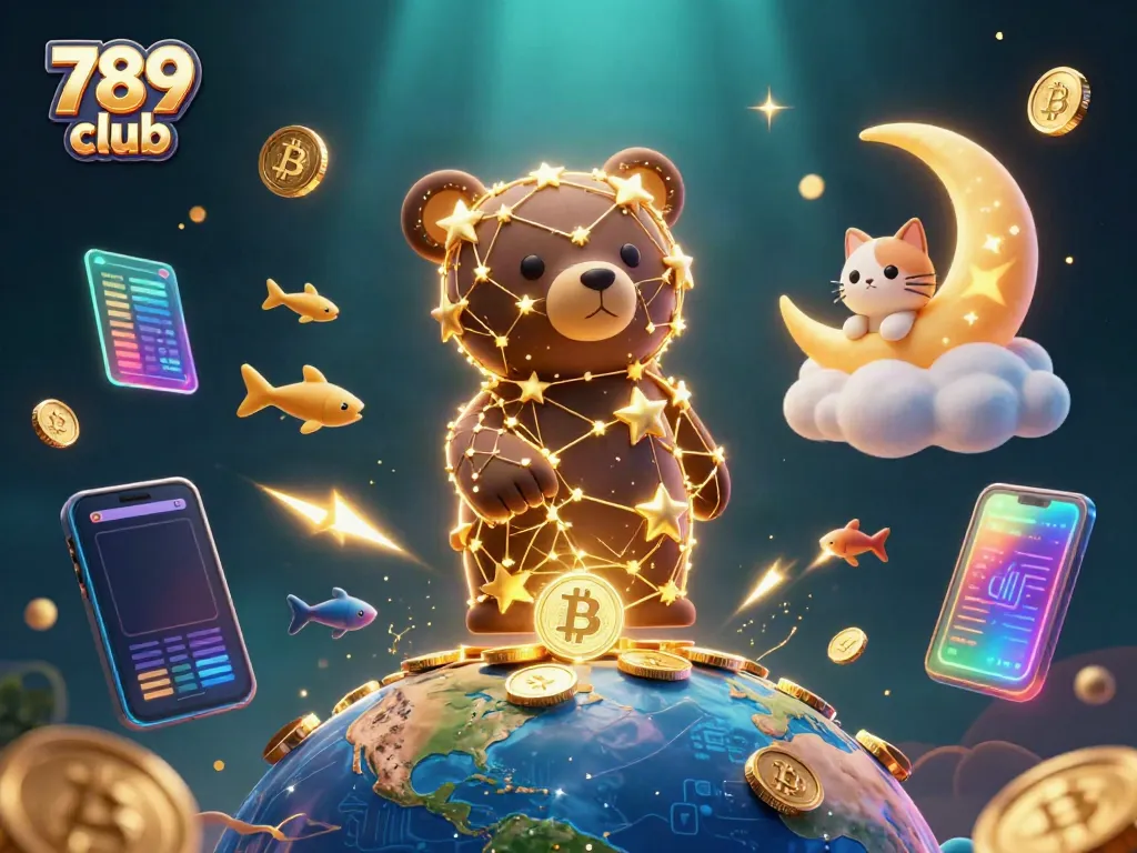 Engage with the 789 club's vibrant gambling adventures surrounded by treasures in a celestial scene.
