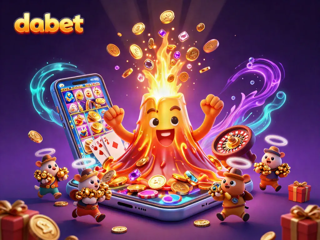 Dabet casino action illustrates golden volcano erupting coins amidst dynamic gaming elements.