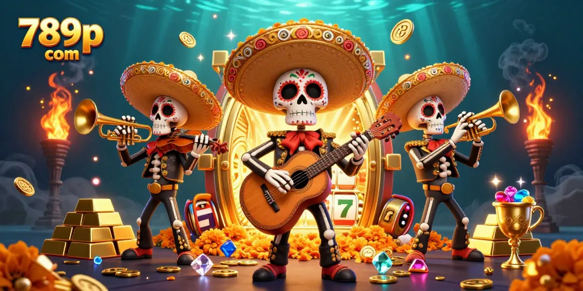 Win big with 789p com as colorful skeletons celebrate in a vibrant casino scene filled with treasures.