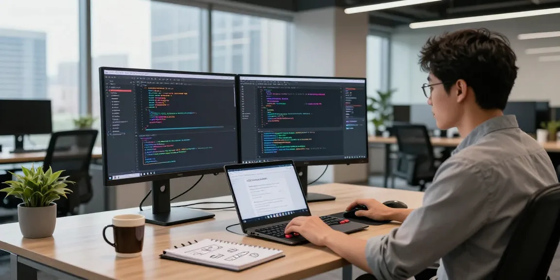 Developer using WPS Official Website on dual monitors in a modern office setting.