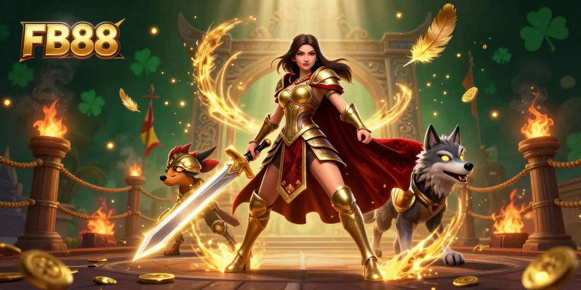 Experience the thrill of betting with FB88, featuring a warrior queen and her wolf companion in a dynamic gambling arena.