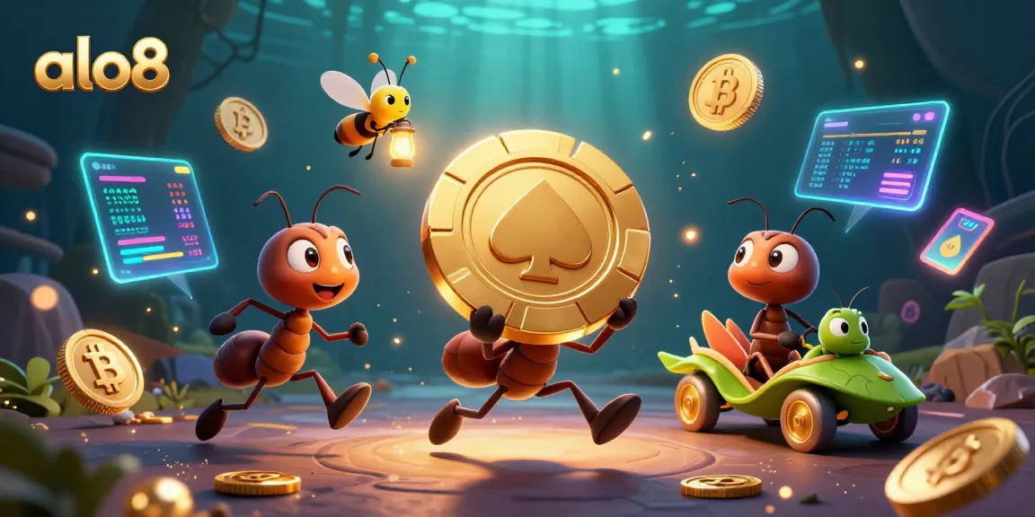 Engage with alo8's thrilling casino experience while ants carry a giant poker chip in a vibrant heist scene.
