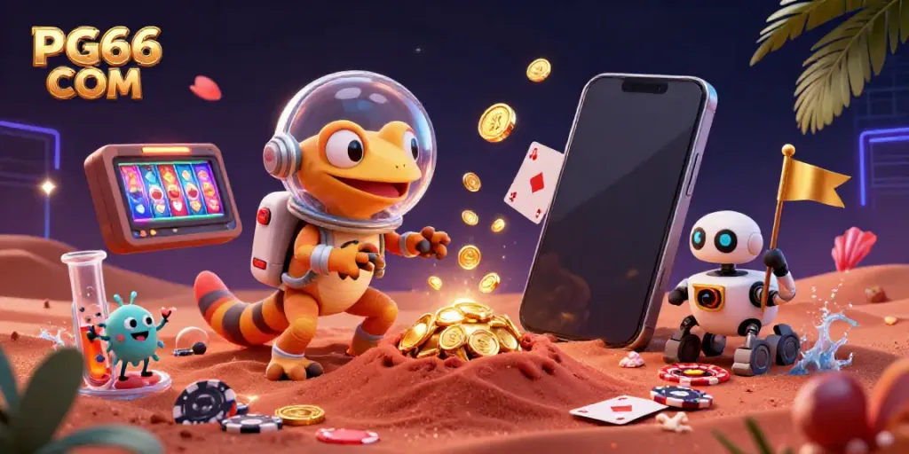Spin the reels at PG66 COM with vibrant Martian gecko and playful elements in this casino scene.