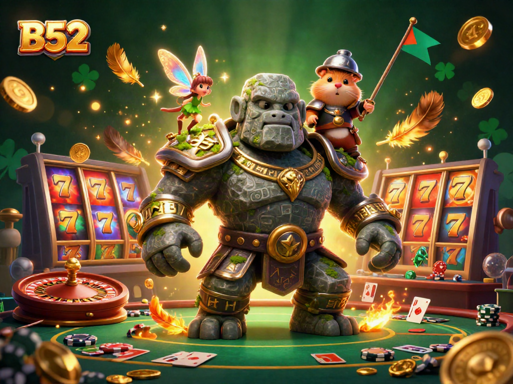 B52 gaming action featuring a mystical golem, fairy, and hamster knight amidst vibrant casino elements