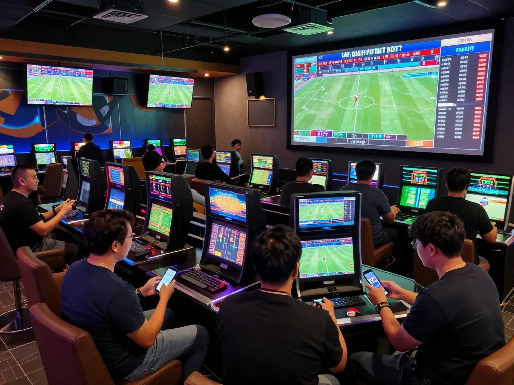 Patrons engaging in sports betting while analyzing tỷ lệ nhà cái in a vibrant lounge setting.