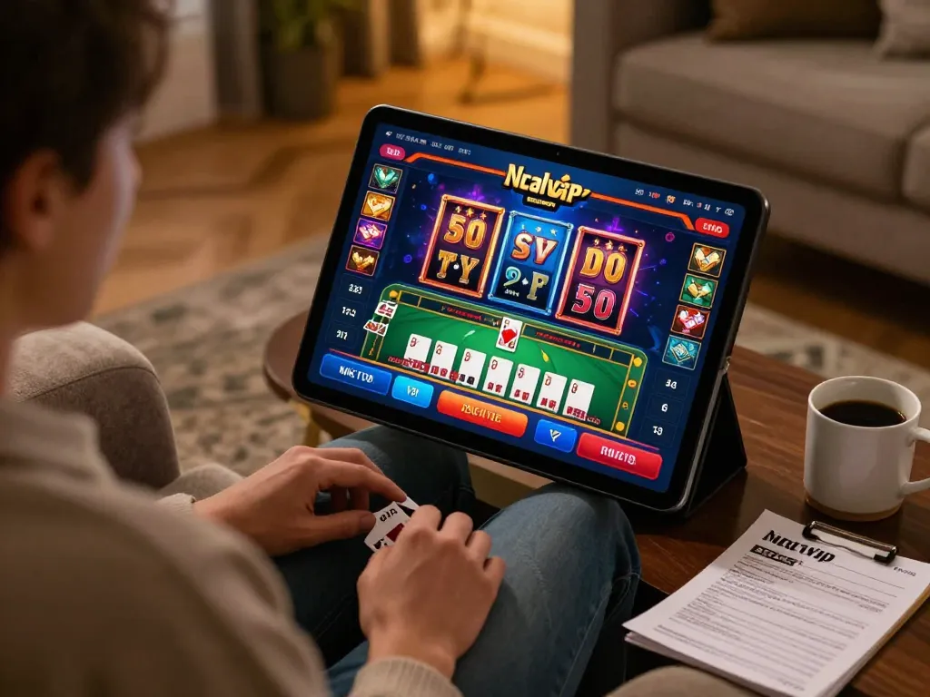 Nhatvip user engaging in online gaming with tablet, cozy home setup