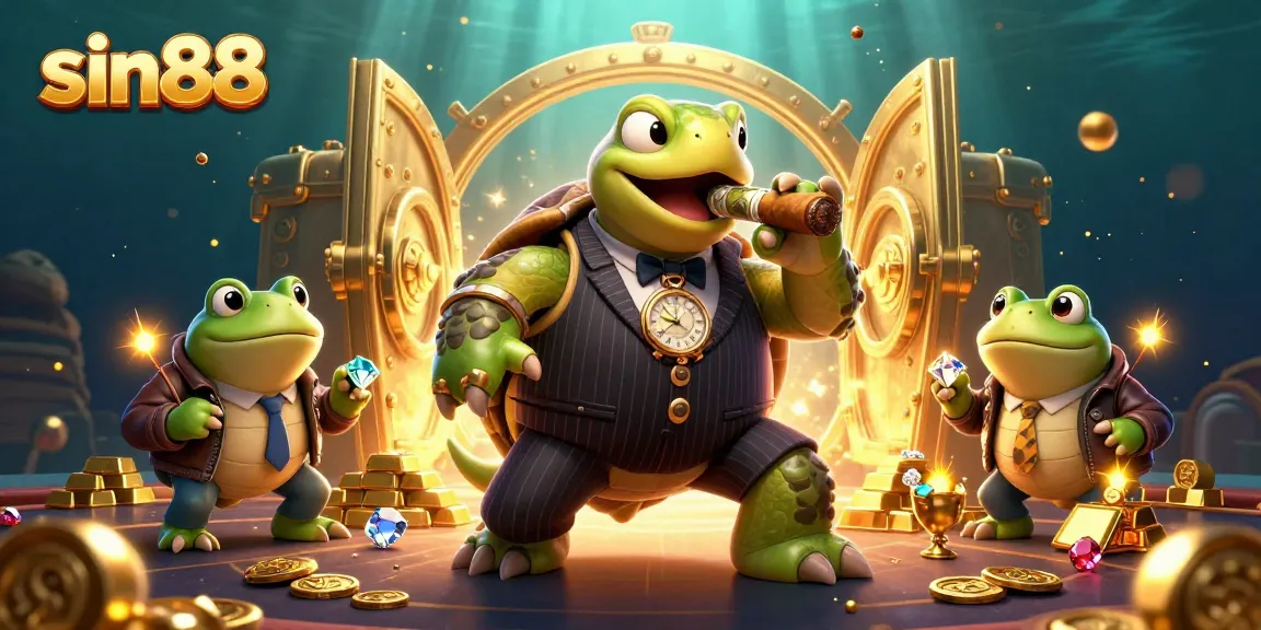 Join the thrilling sin88 experience with a massive turtle mobster and bullfrog enforcers surrounded by treasure.
