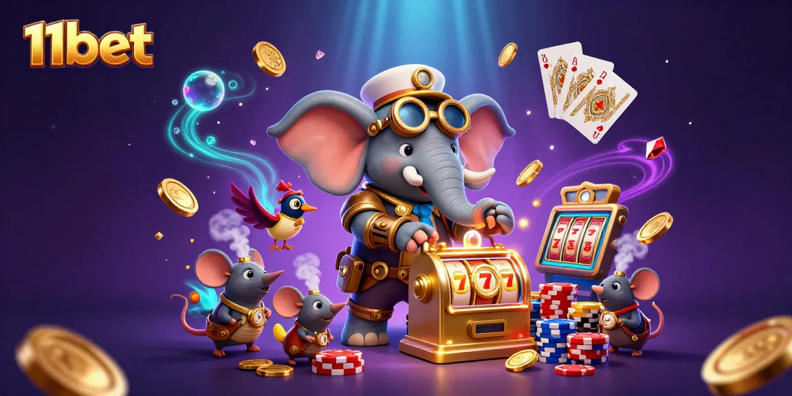 Spin the reels with 11bet's vibrant 3D casino scene, featuring a steampunk elephant and golden treasures.