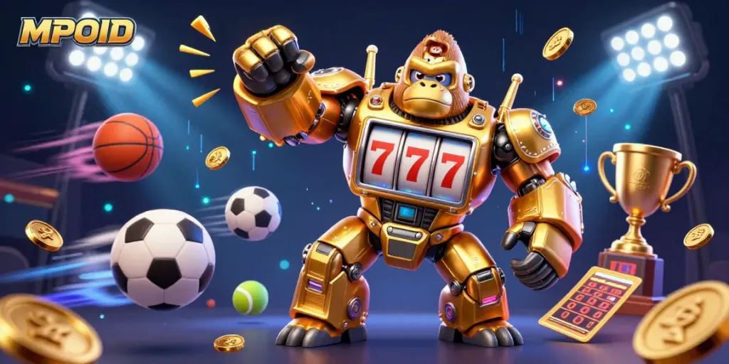 MPOID's expansive 3D illustration showcases a golden gorilla mech celebrating online slots excitement with engaging game elements.