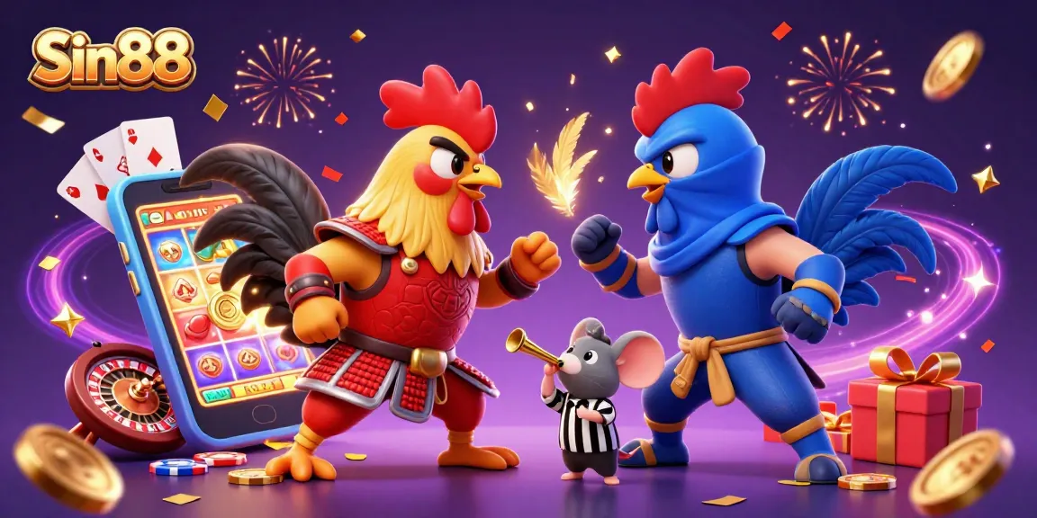 Engage with Sin88's thrilling world of gaming in a vibrant, dynamic 3D rooster battle.