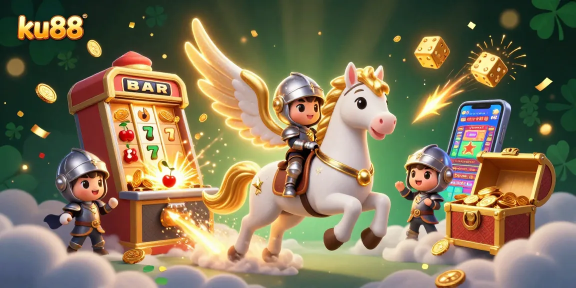 ku88 offers exciting gaming thrills, featuring a 3D horse with jackpot visuals and captivating casino elements.
