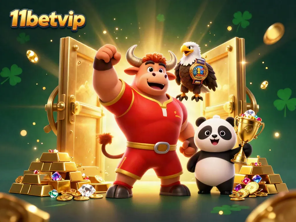 Experience gaming excitement with 11betvip as a bull mascot and friends celebrate jackpot wins.