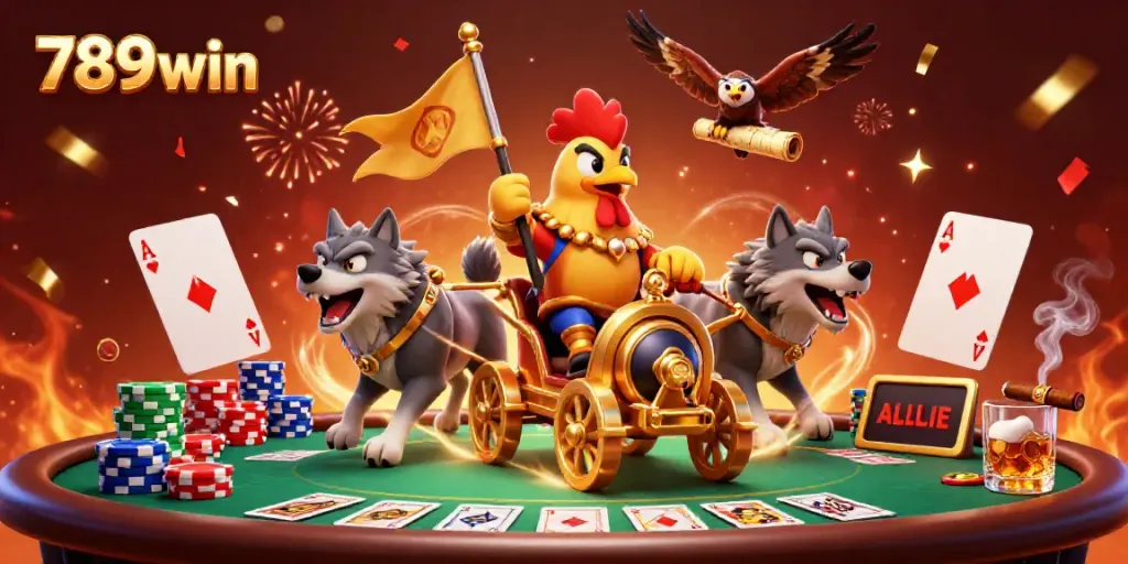 Bet on the action with 789win as a rooster warlord leads a vibrant casino battle.