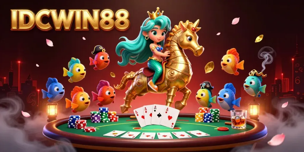 Experience the thrilling world of IDCWIN88 with vibrant mermaid-themed casino action featuring a poker table and dynamic characters.