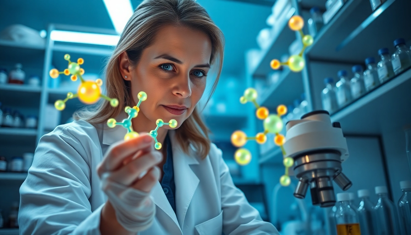 Scientist examining peptides in a laboratory setting while surrounded by advanced scientific equipment.