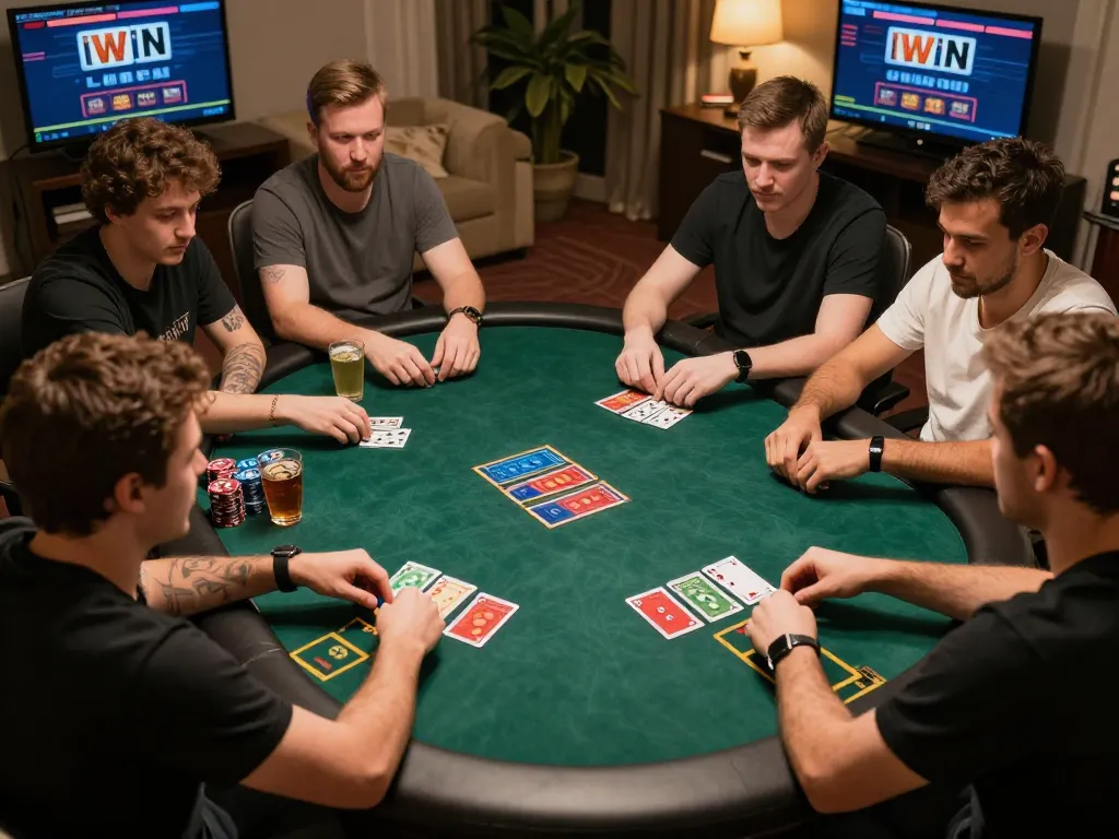 IWIN online casino players enjoying a competitive poker match at home, showcasing engagement and strategy.