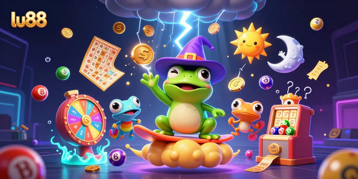 Win big at lu88 with an electrifying 3D illustration of a wizard frog and chameleon amidst a storm of coins.